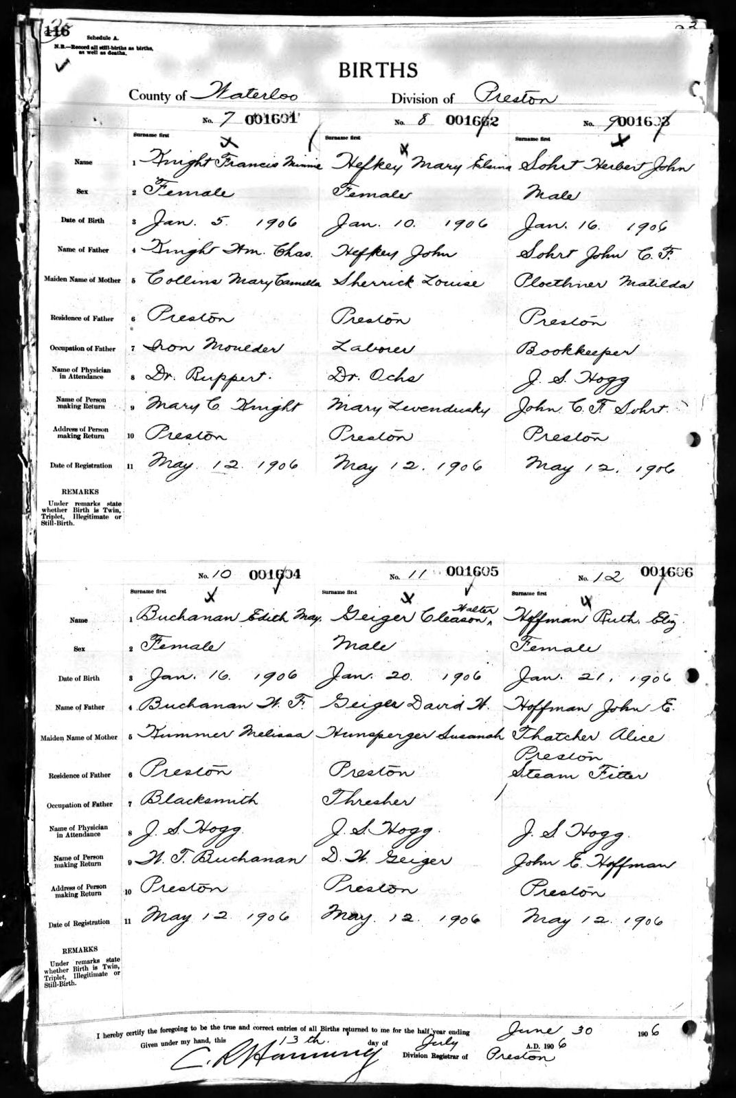 Birth record of Herbert John Sohrt