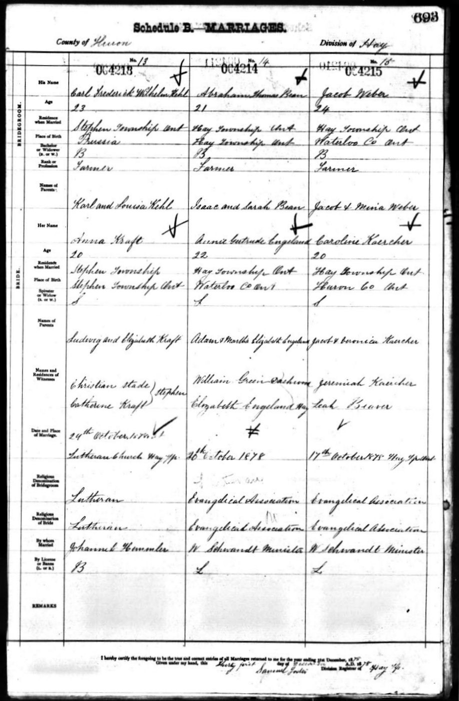 Marriage record of Jacob Weber and Carolina Kaercher