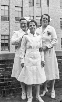 Anna Wurm (right) with fellow nurses at Pontiac Osteopathic Hospital, circa 1940s