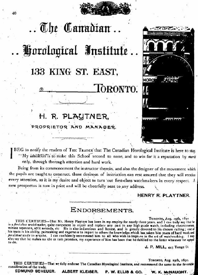 Canadian Horological Institute Advertisement dated Sept 1890